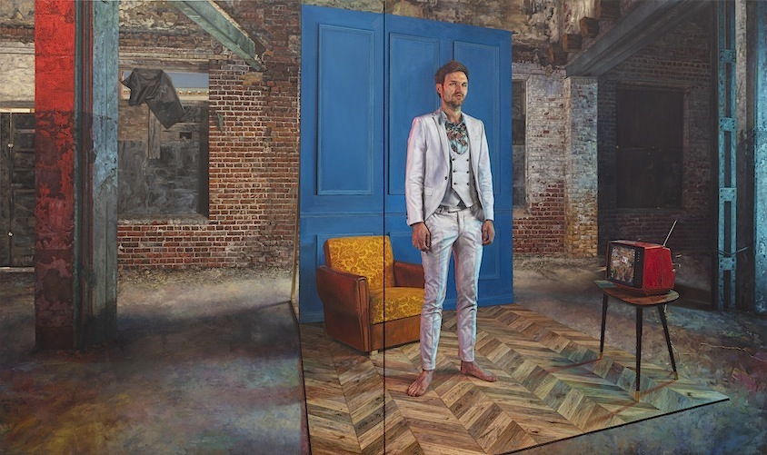Ian Cumberland: Manufacturing Consent, 2018, oil on linen, wood, 200 x 340 x 90 cm

